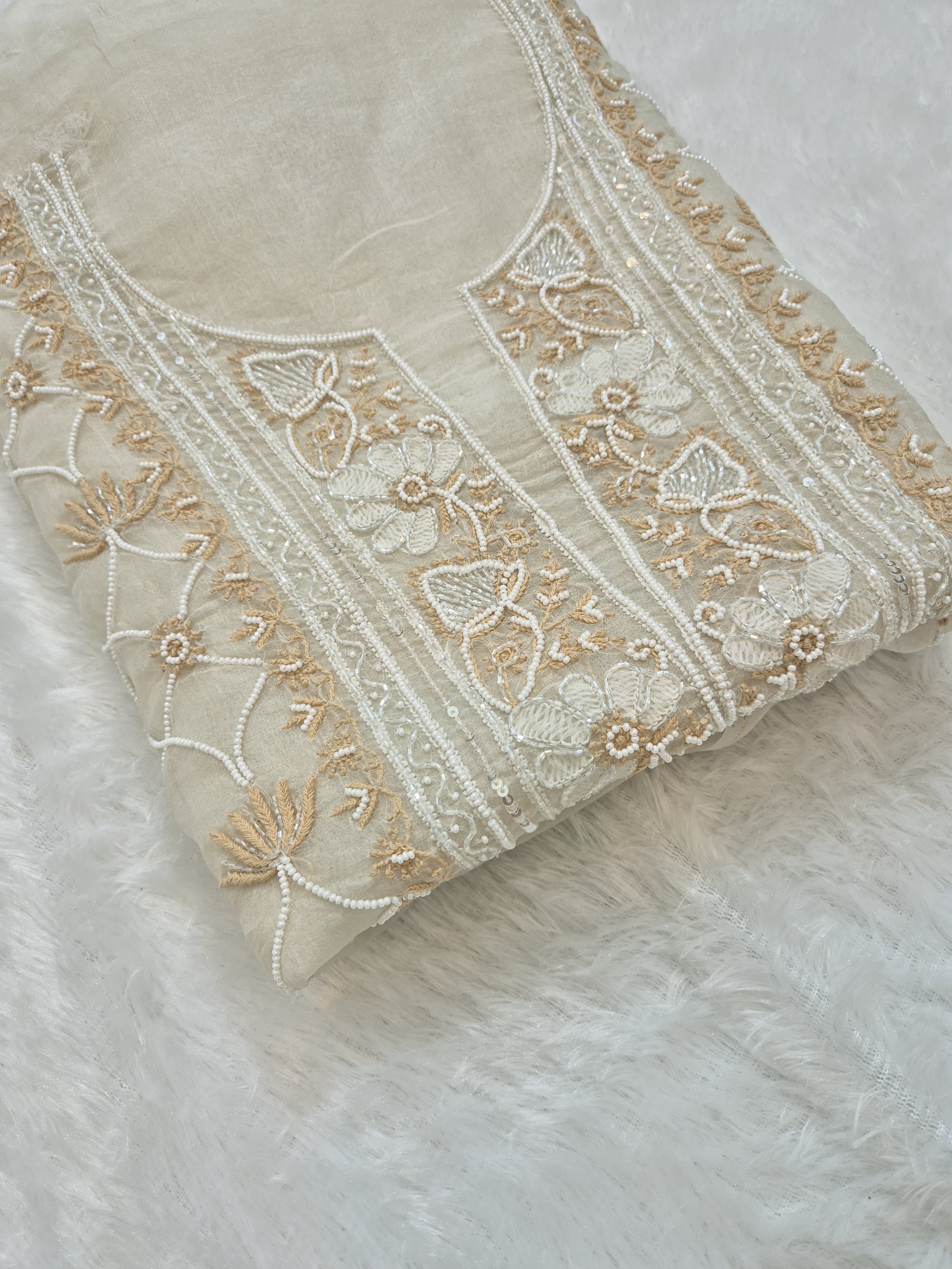 Pure Organza Unstitched Kurta Dupatta set with pearl work