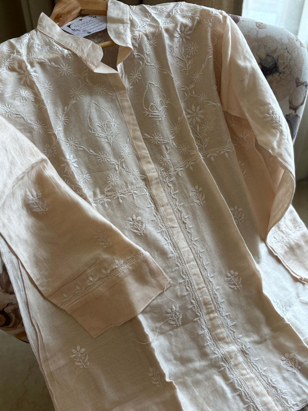 Beige Mul Chanderi Semi-Stitched Top & Pant Co-ord Set