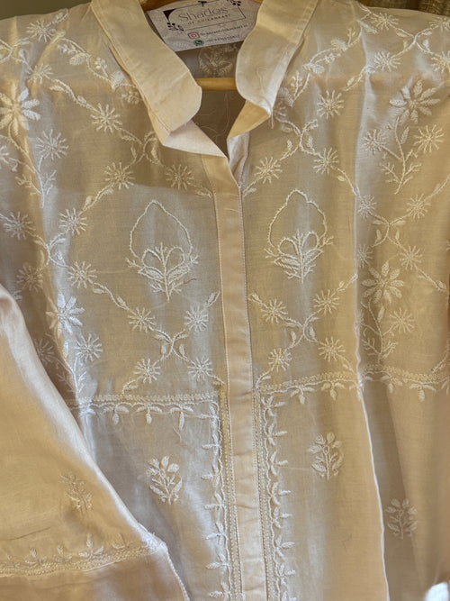 Beige Mul Chanderi Semi-Stitched Top & Pant Co-ord Set