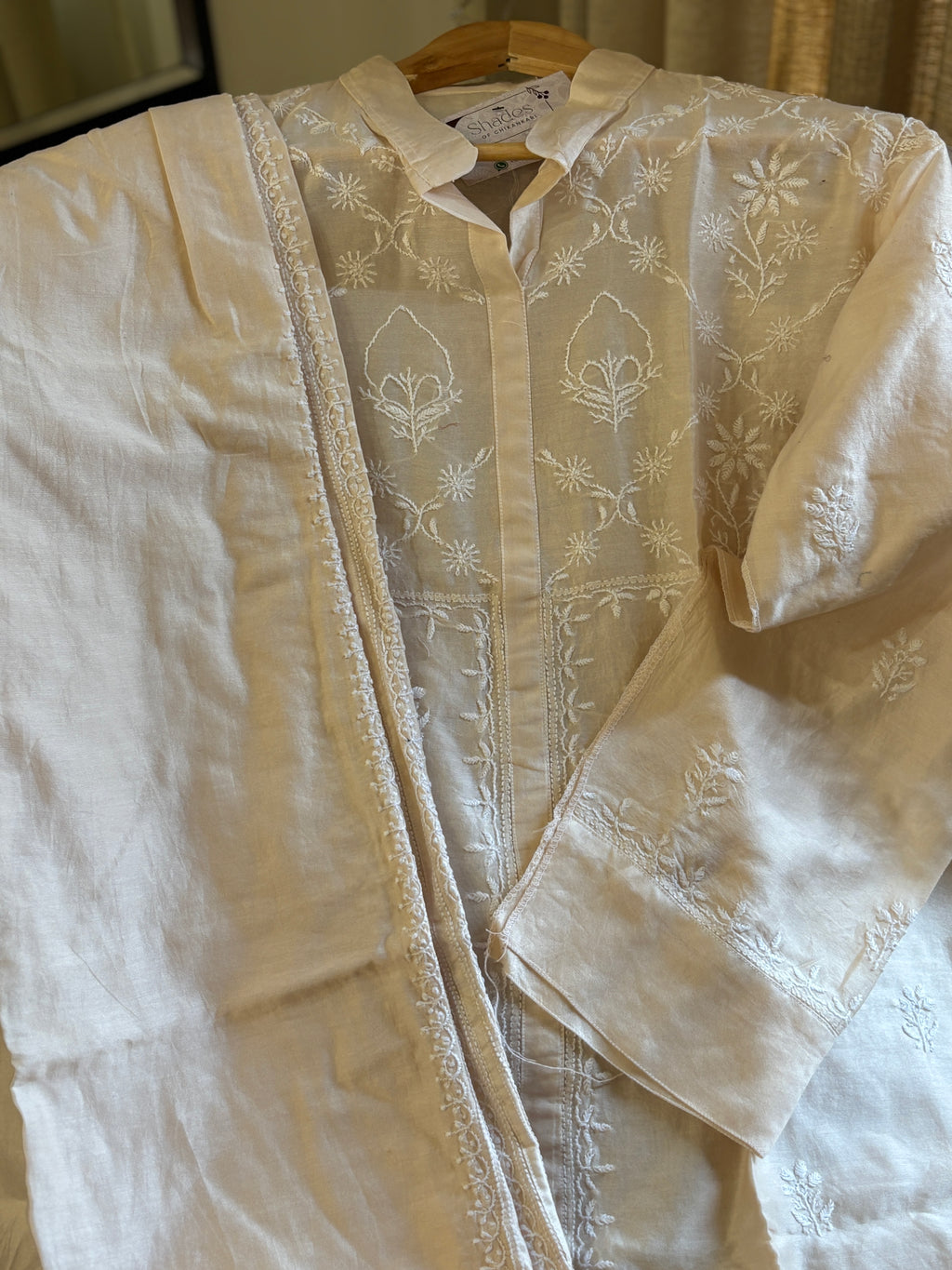 Beige Mul Chanderi Semi-Stitched Top & Pant Co-ord Set