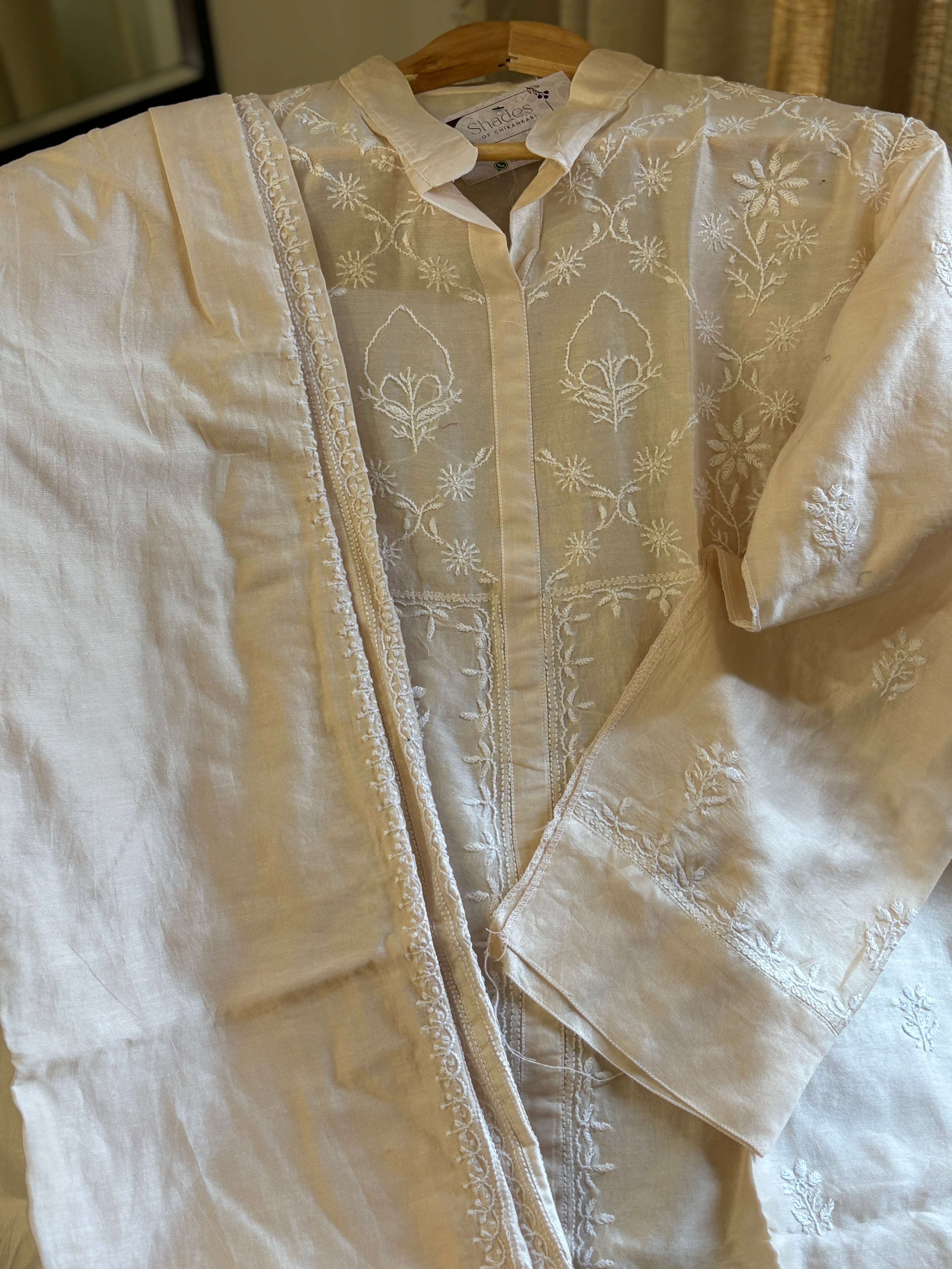 Beige Mul Chanderi Semi-Stitched Top & Pant Co-ord Set