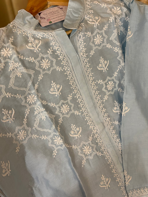 Baby Blue Mul Chanderi Semi-Stitched Top & Pant Co-ord Set