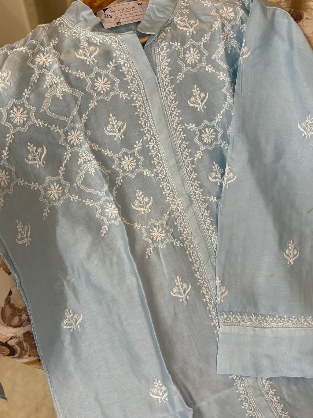 Baby Blue Mul Chanderi Semi-Stitched Top & Pant Co-ord Set