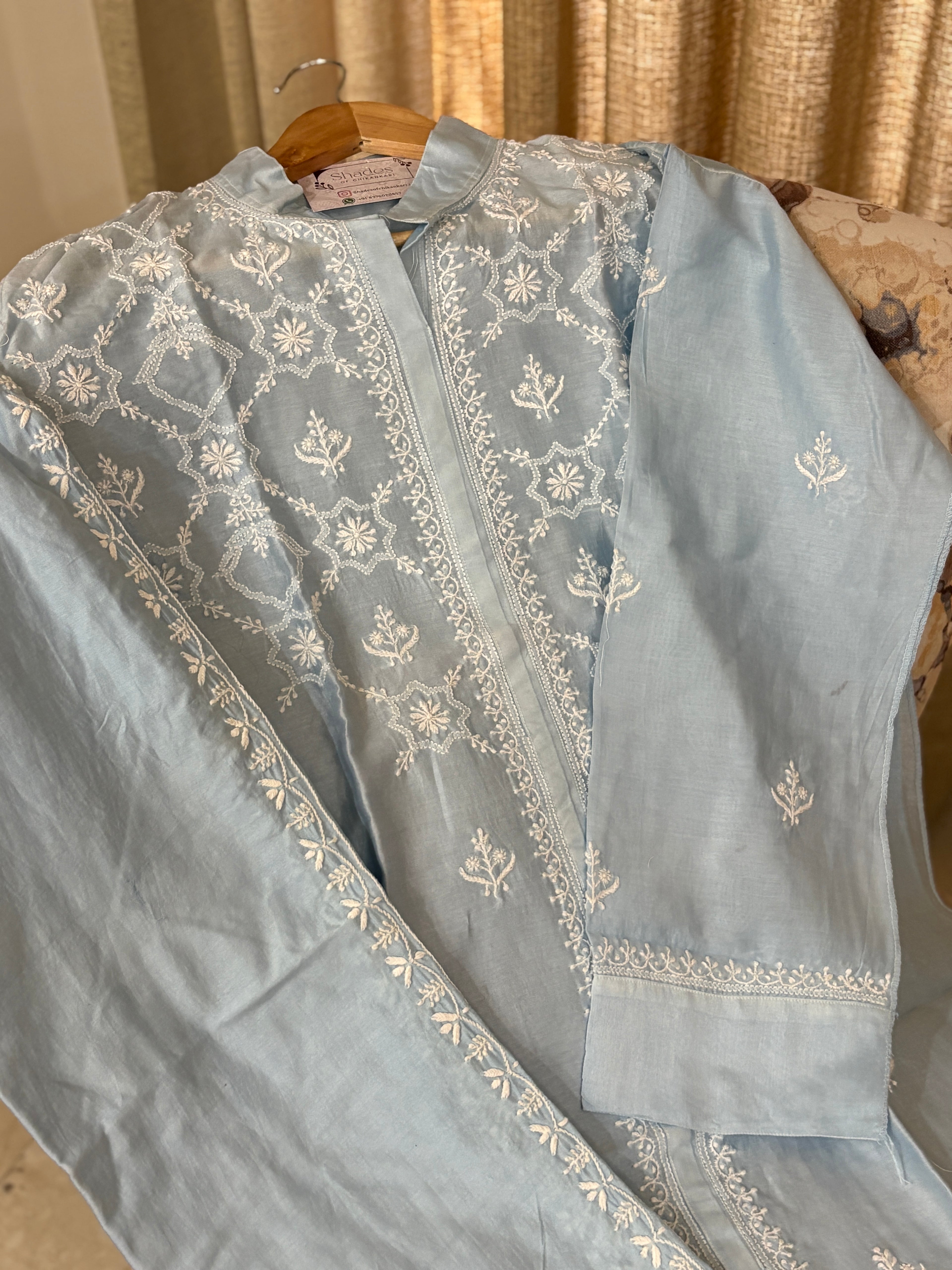 Baby Blue Mul Chanderi Semi-Stitched Top & Pant Co-ord Set