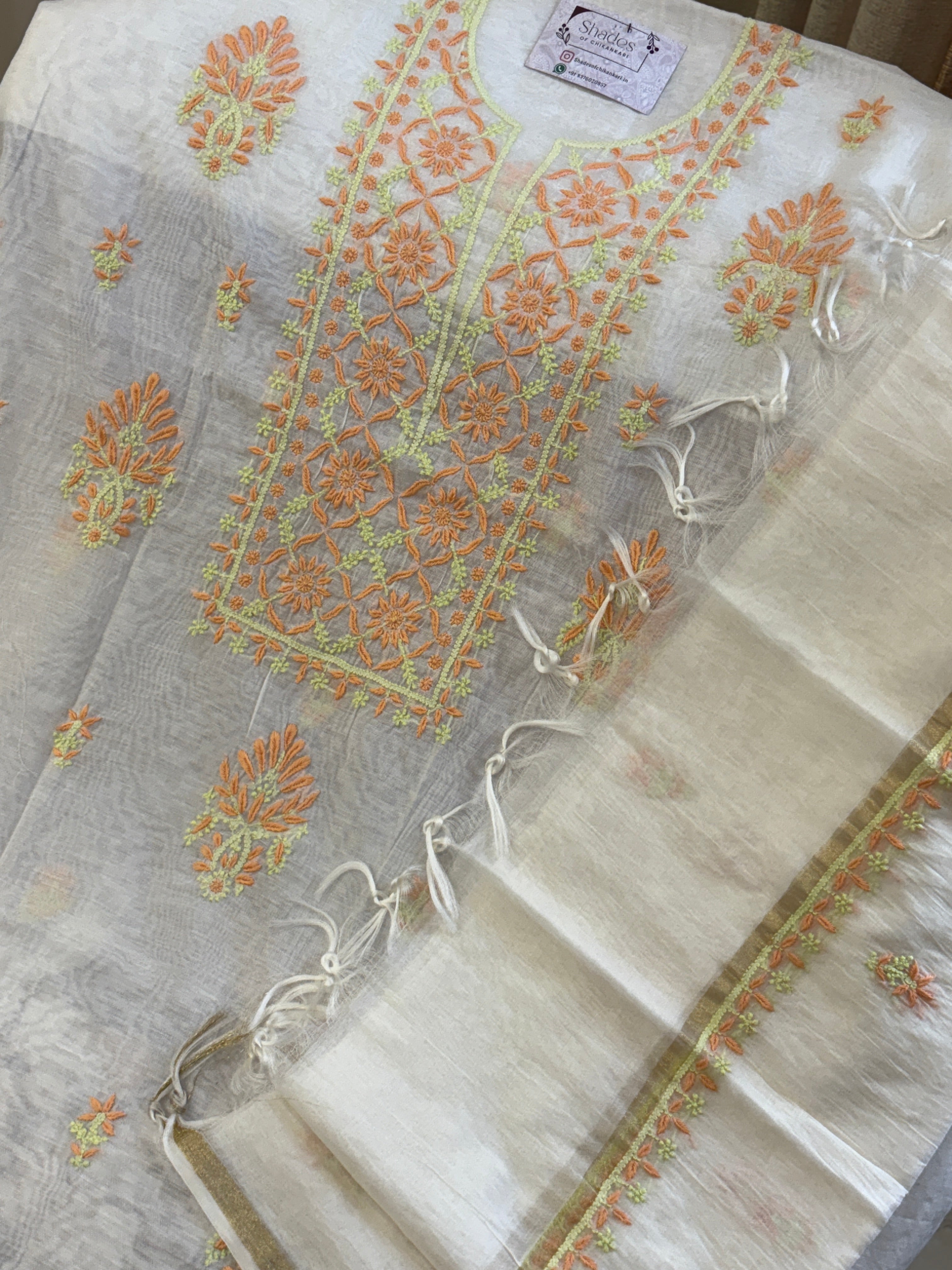 Mul Chanderi Unstitched Kurta Dupatta Set with Dual-Tone Chikankari Work
