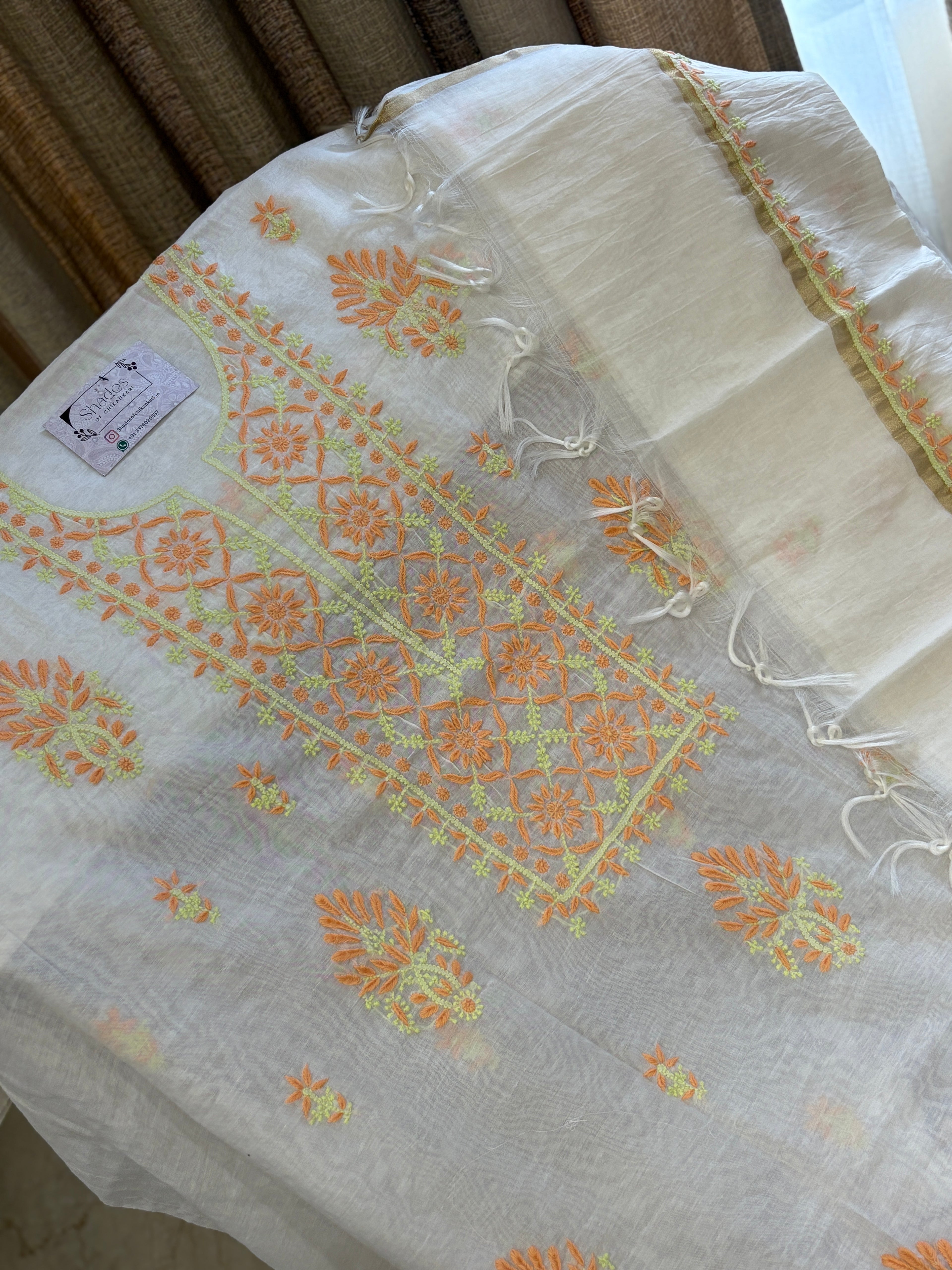 Mul Chanderi Unstitched Kurta Dupatta Set with Dual-Tone Chikankari Work