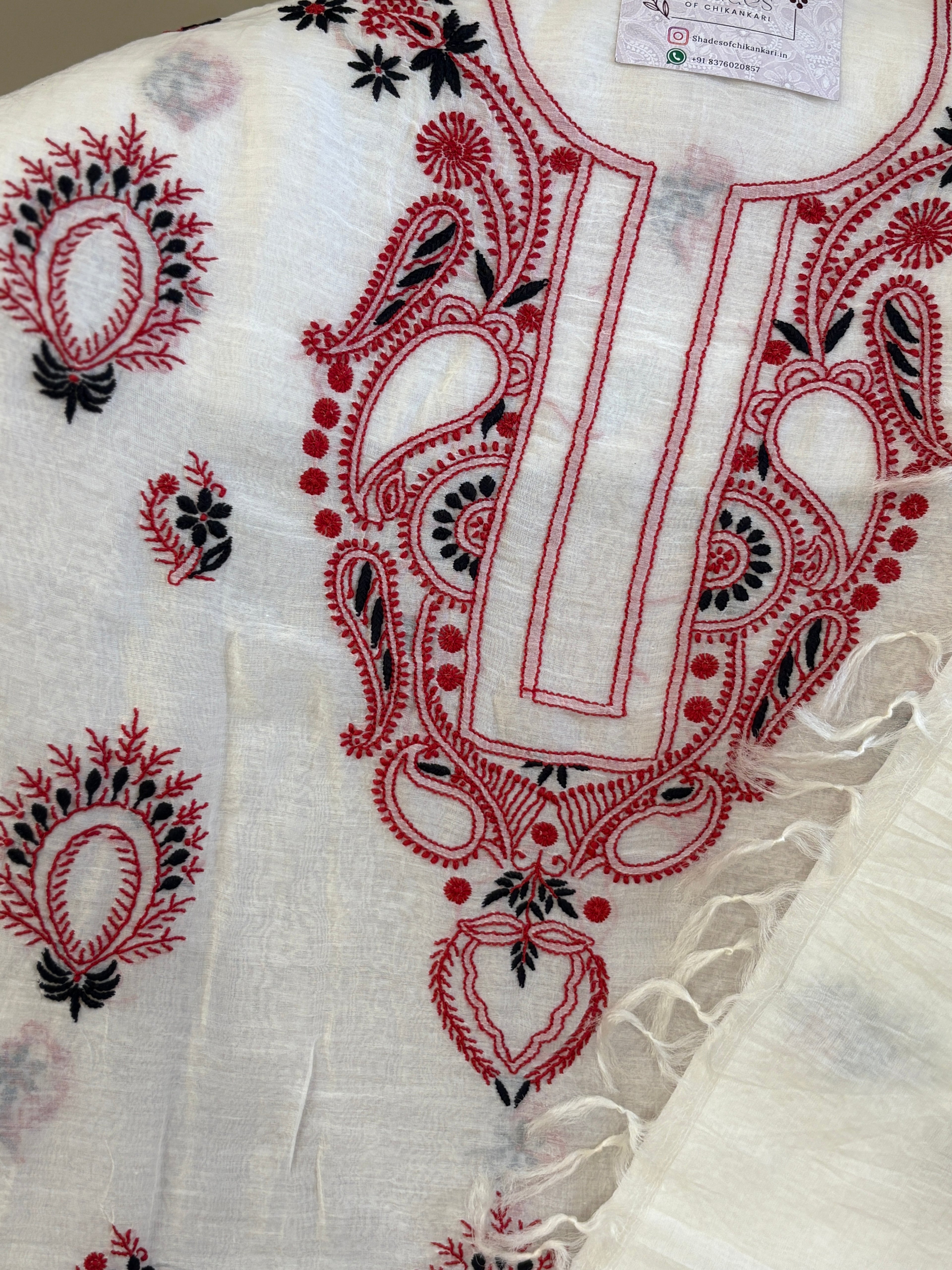 Mul Chanderi Unstitched Kurta Dupatta Set with Red & Black Chikankari Work