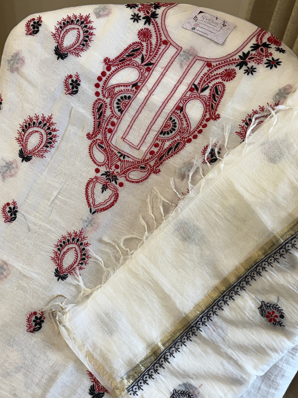 Mul Chanderi Unstitched Kurta Dupatta Set with Red & Black Chikankari Work
