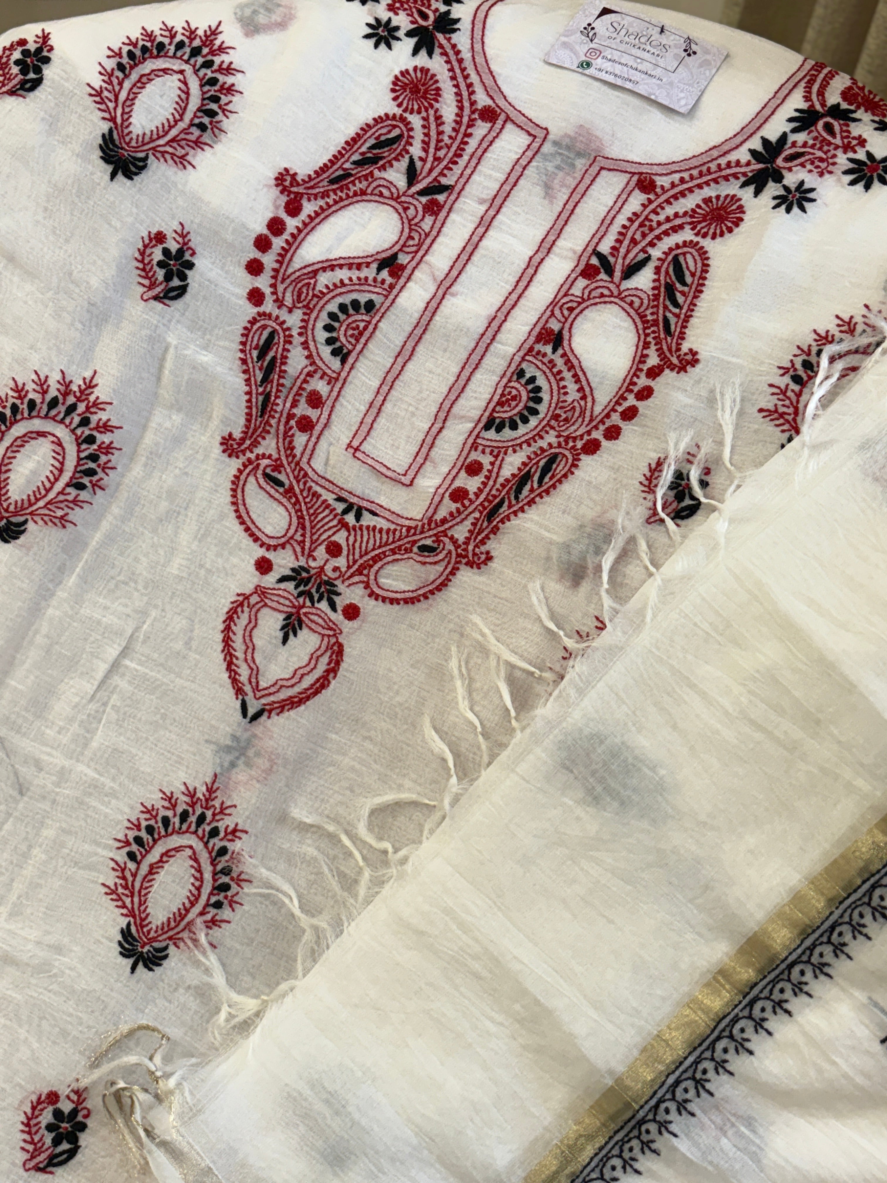Mul Chanderi Unstitched Kurta Dupatta Set with Red & Black Chikankari Work