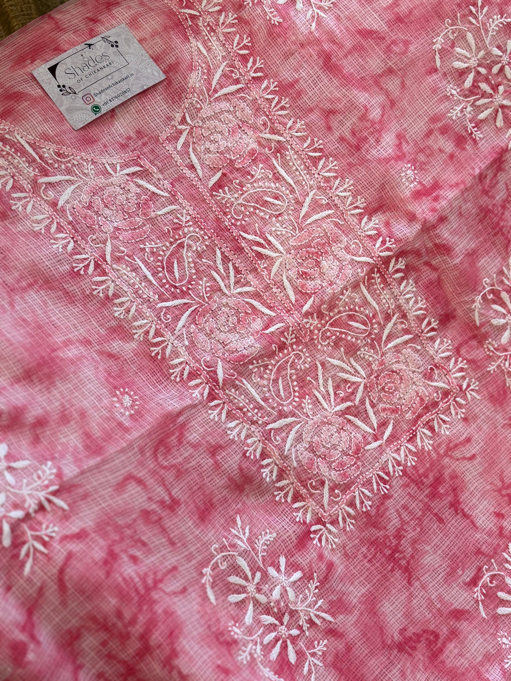 Pink Kota Doria Unstitched Kurta Dupatta Set with Chikankari Work