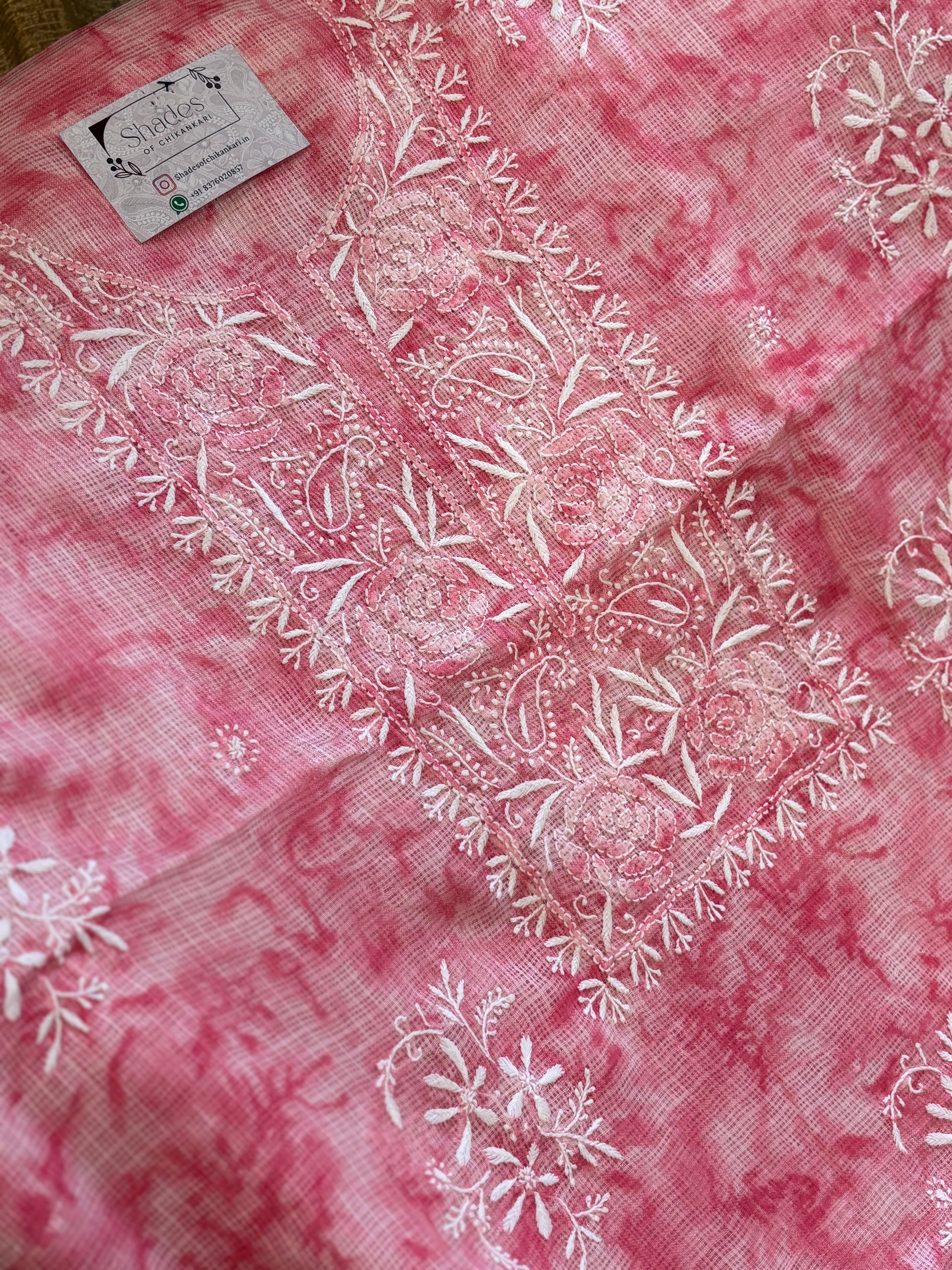 Pink Kota Doria Unstitched Kurta Dupatta Set with Chikankari Work