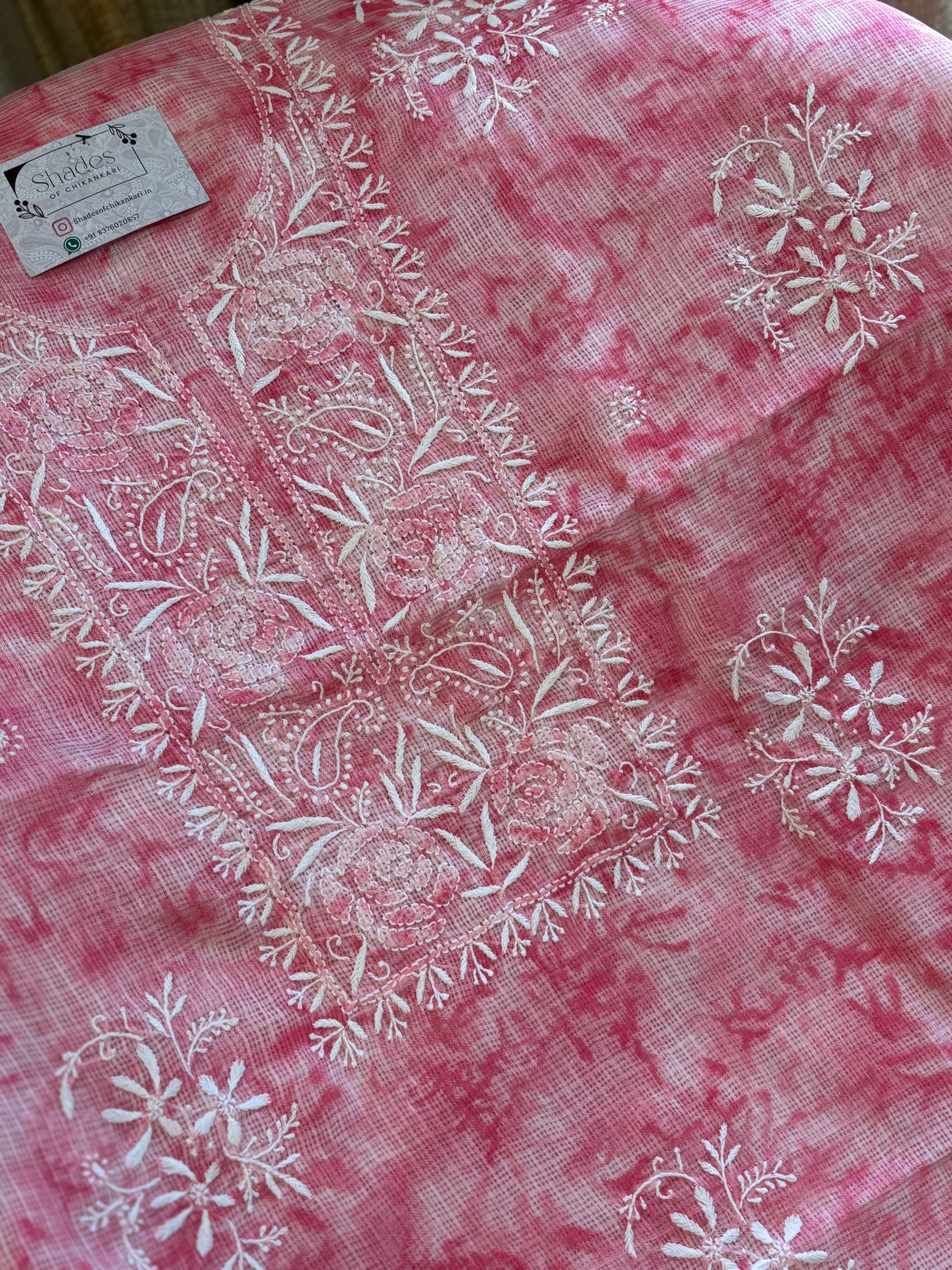 Pink Kota Doria Unstitched Kurta Dupatta Set with Chikankari Work