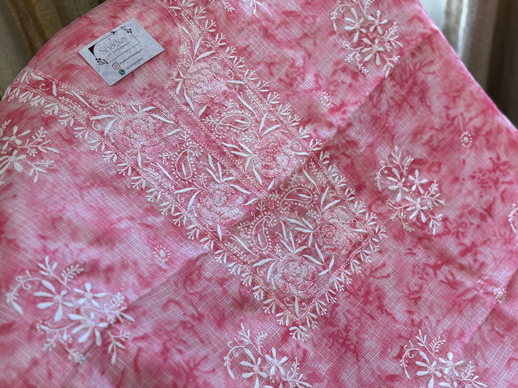 Pink Kota Doria Unstitched Kurta Dupatta Set with Chikankari Work