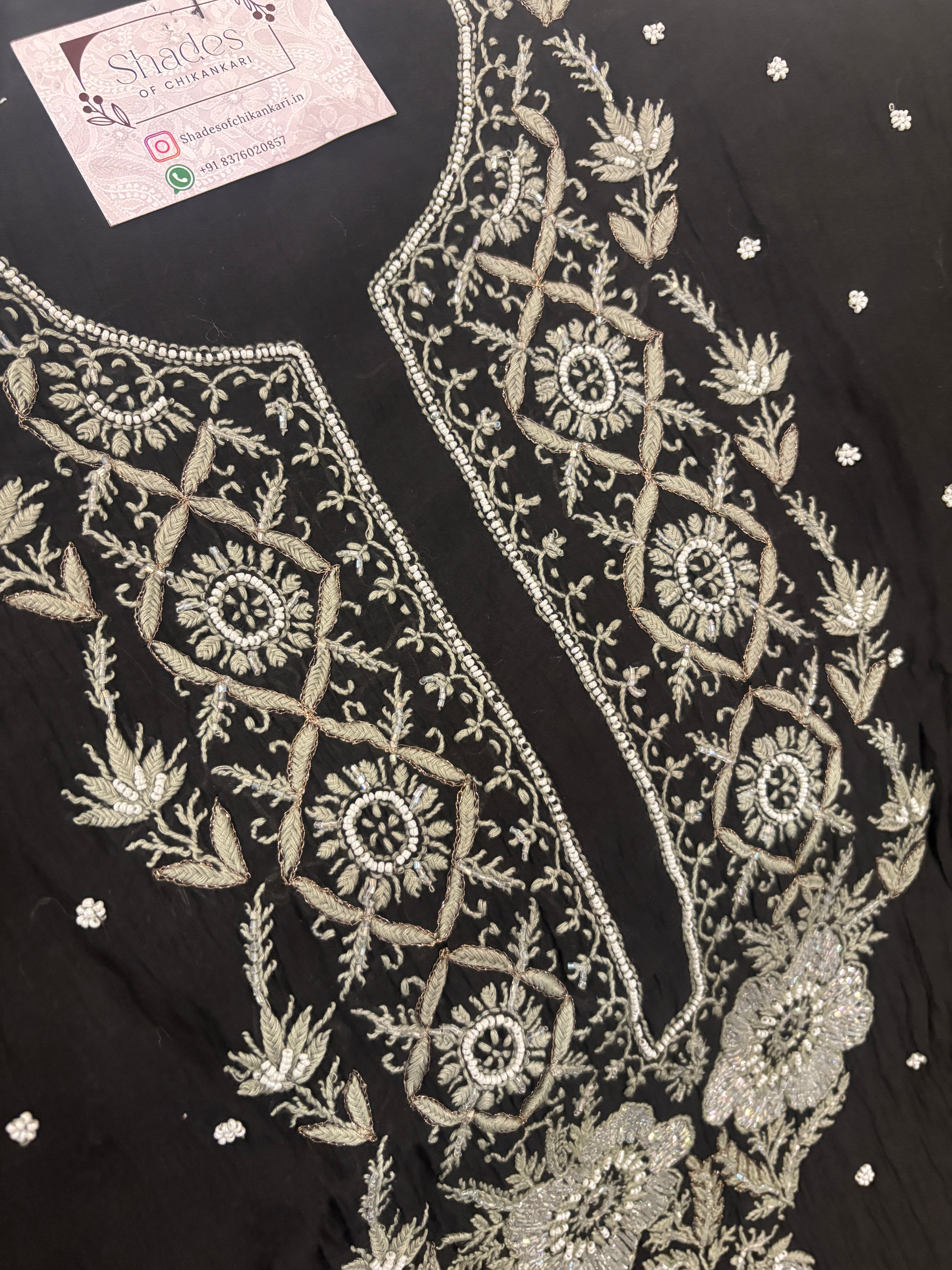 Black Mul Chanderi Unstitched Pearl Kurta Dupatta Set