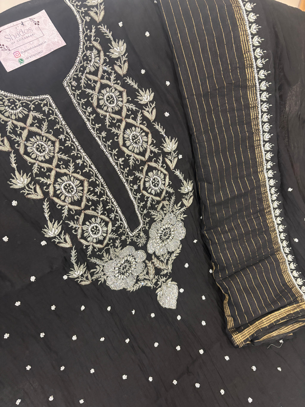 Black Mul Chanderi Unstitched Pearl Kurta Dupatta Set