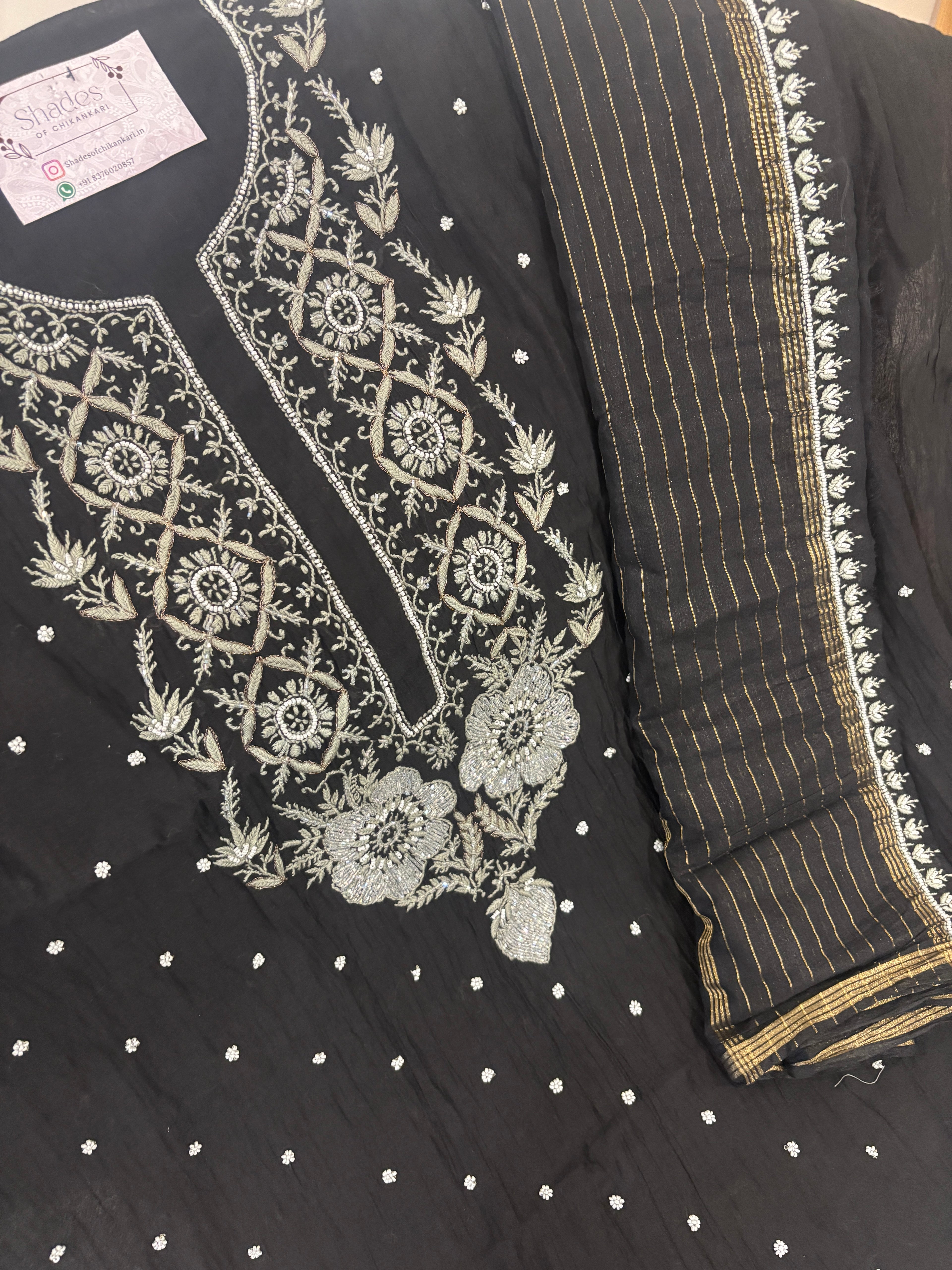 Black Mul Chanderi Unstitched Pearl Kurta Dupatta Set