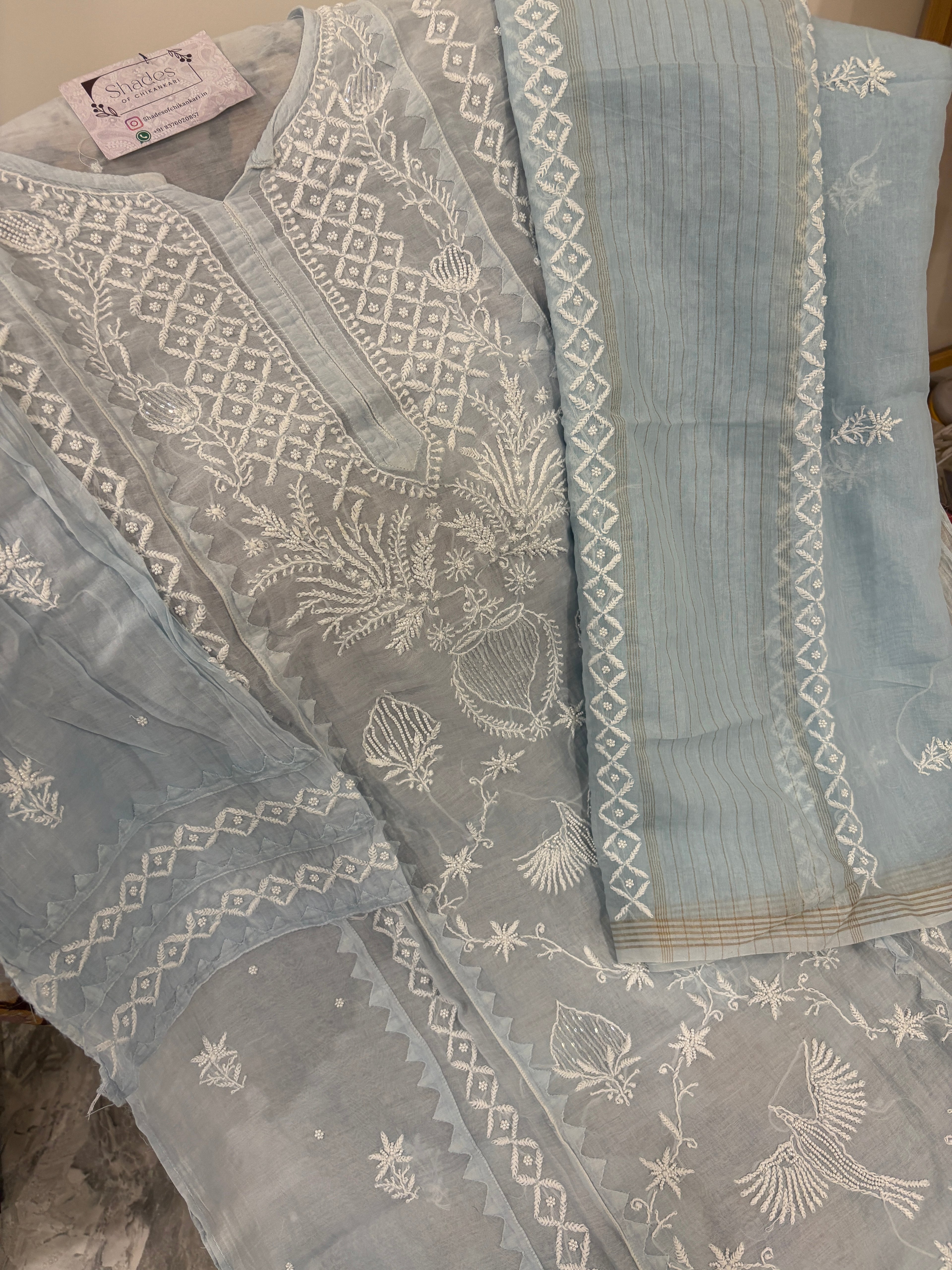 Baby Blue Mul Chanderi Semi-Stitched Kurta Dupatta Set with Pearl Handwork