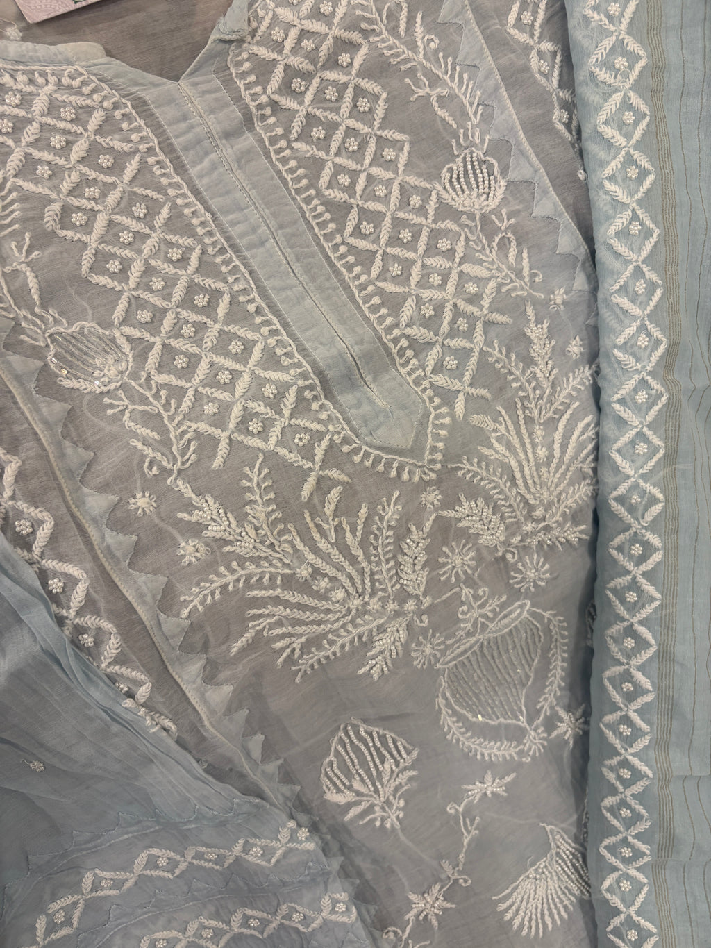 Baby Blue Mul Chanderi Semi-Stitched Kurta Dupatta Set with Pearl Handwork