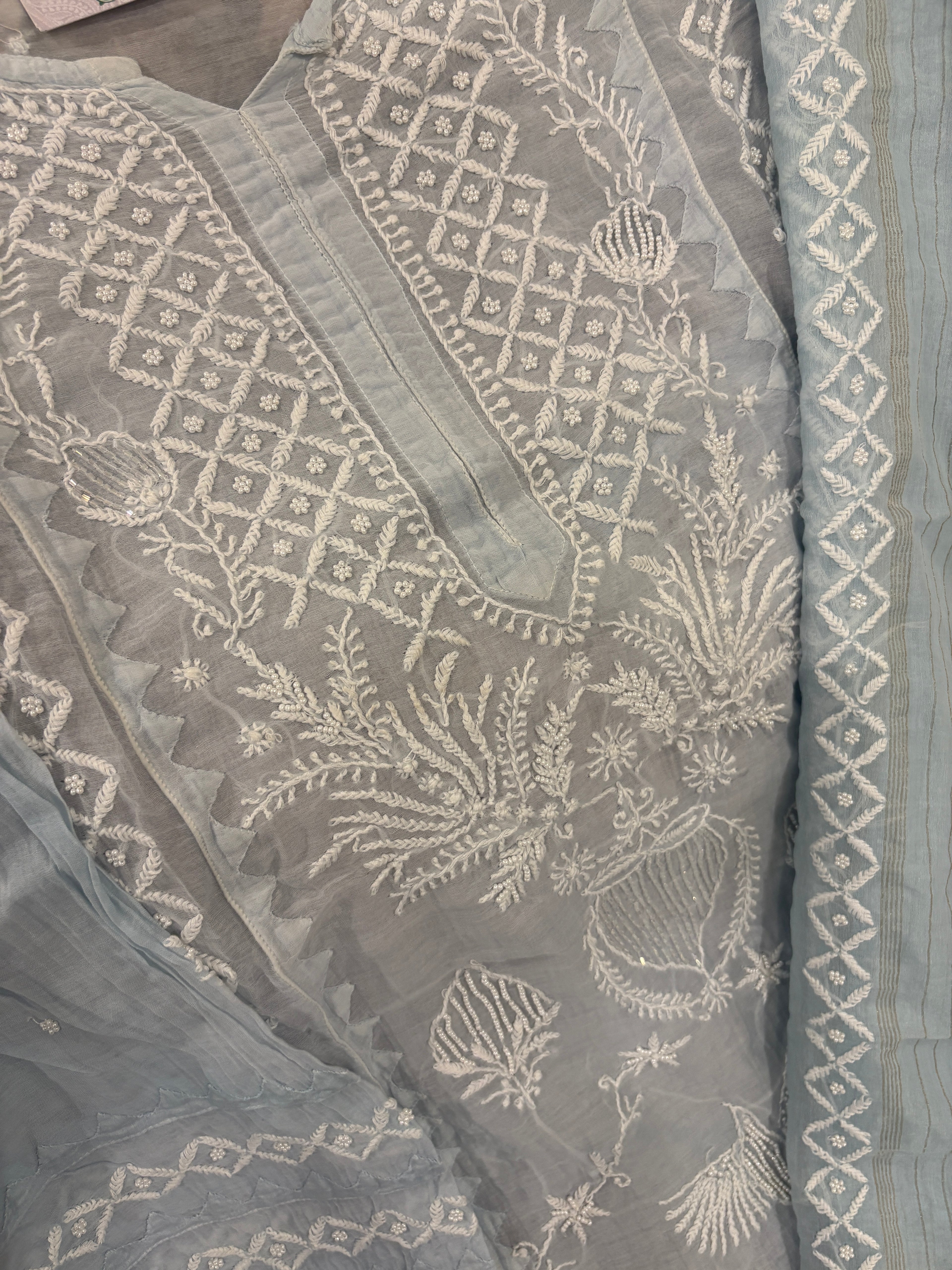 Baby Blue Mul Chanderi Semi-Stitched Kurta Dupatta Set with Pearl Handwork