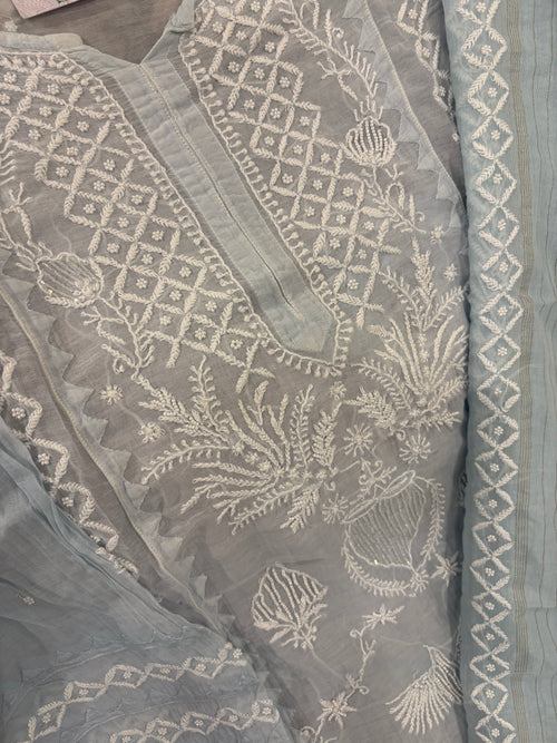 Baby Blue Mul Chanderi Semi-Stitched Kurta Dupatta Set with Pearl Handwork