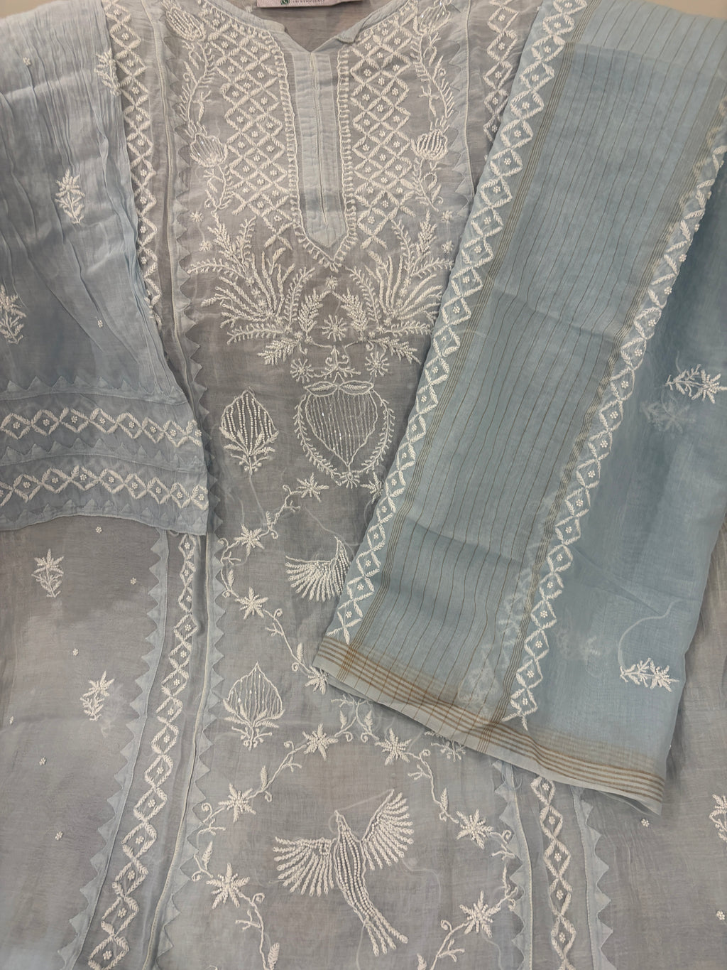 Baby Blue Mul Chanderi Semi-Stitched Kurta Dupatta Set with Pearl Handwork