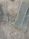 Baby Blue Mul Chanderi Semi-Stitched Kurta Dupatta Set with Pearl Handwork