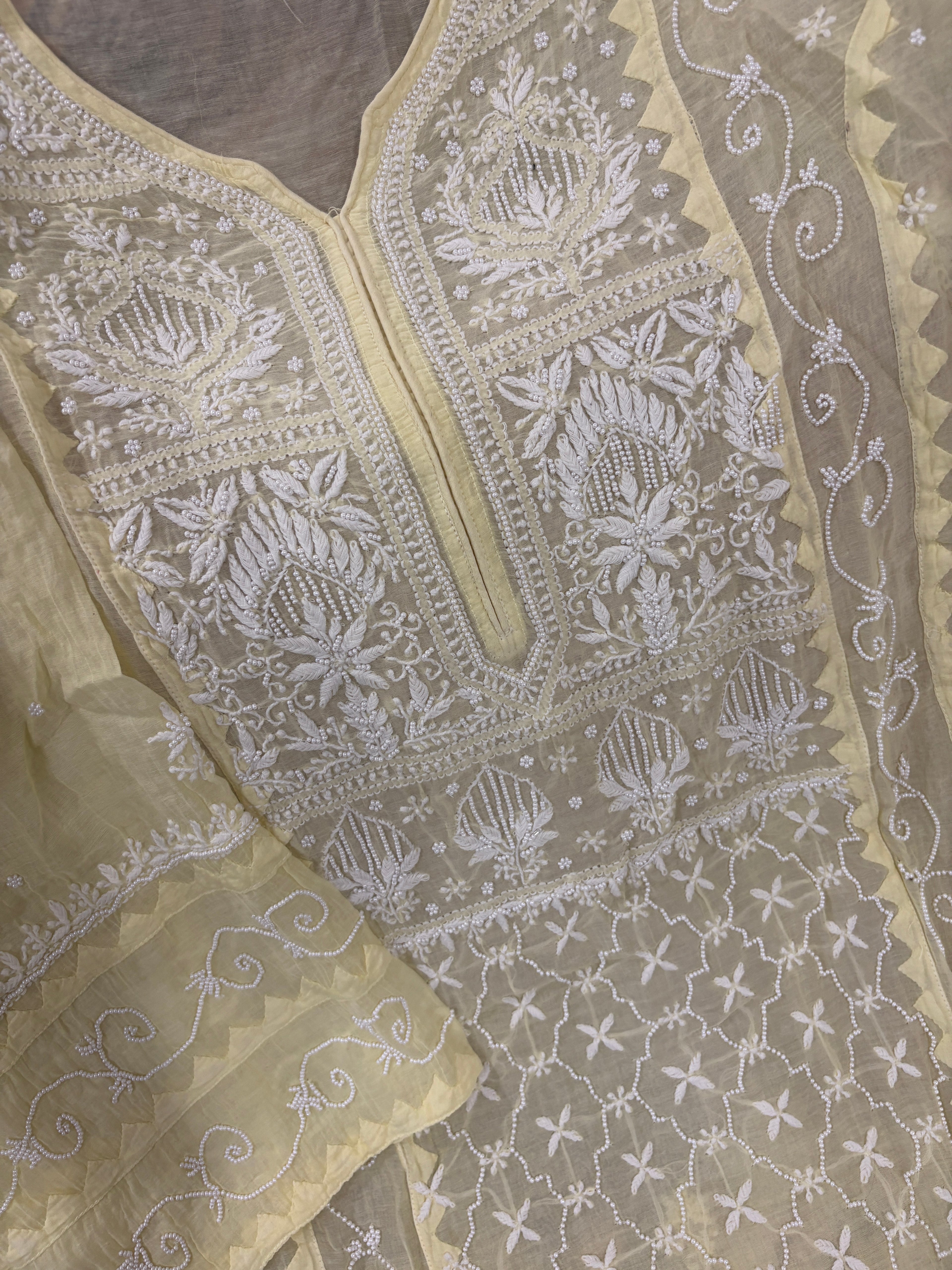 Baby Yellow Mul Chanderi Semi-Stitched Kurta Dupatta Set with Pearl Handwork