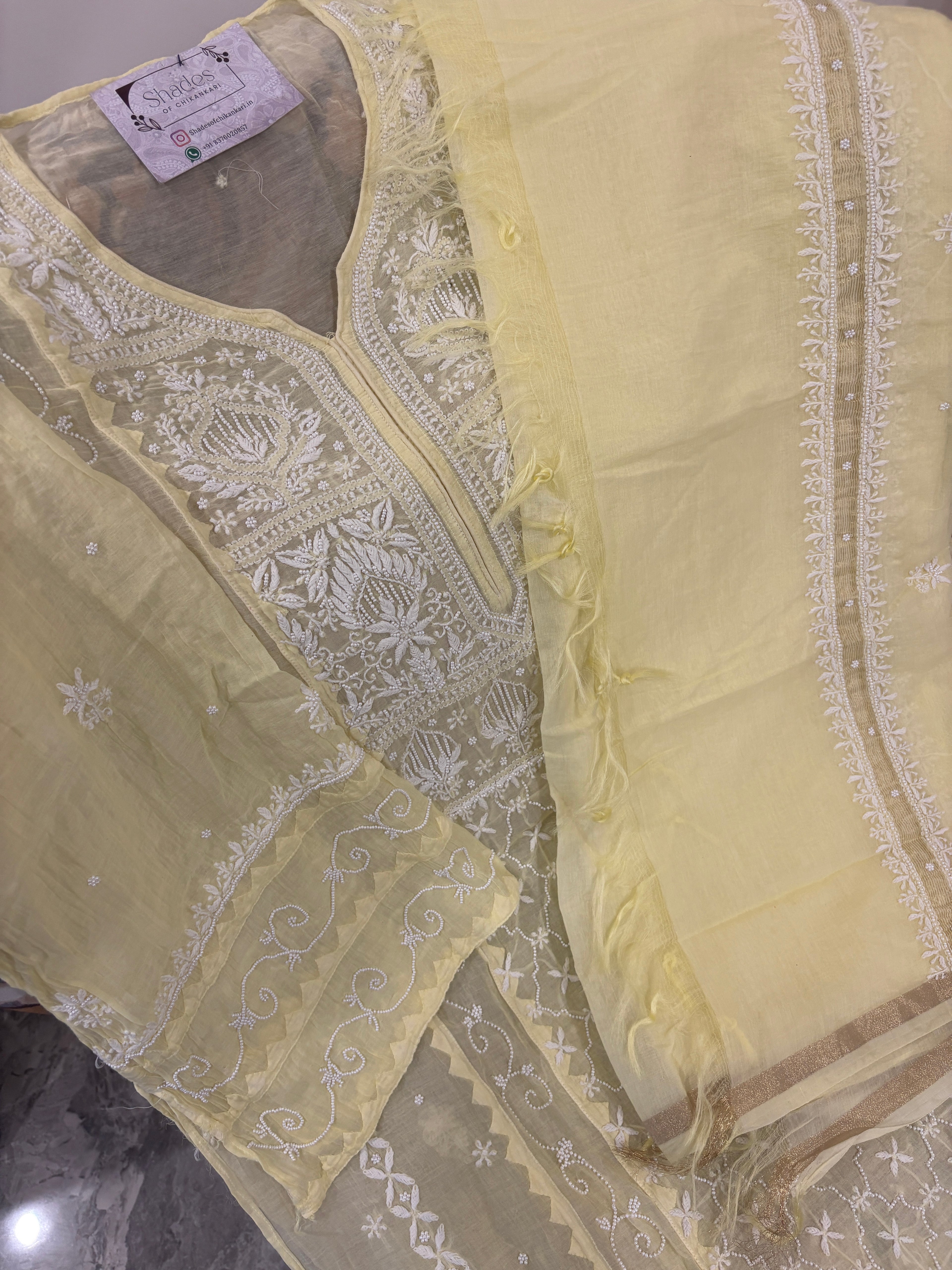 Baby Yellow Mul Chanderi Semi-Stitched Kurta Dupatta Set with Pearl Handwork