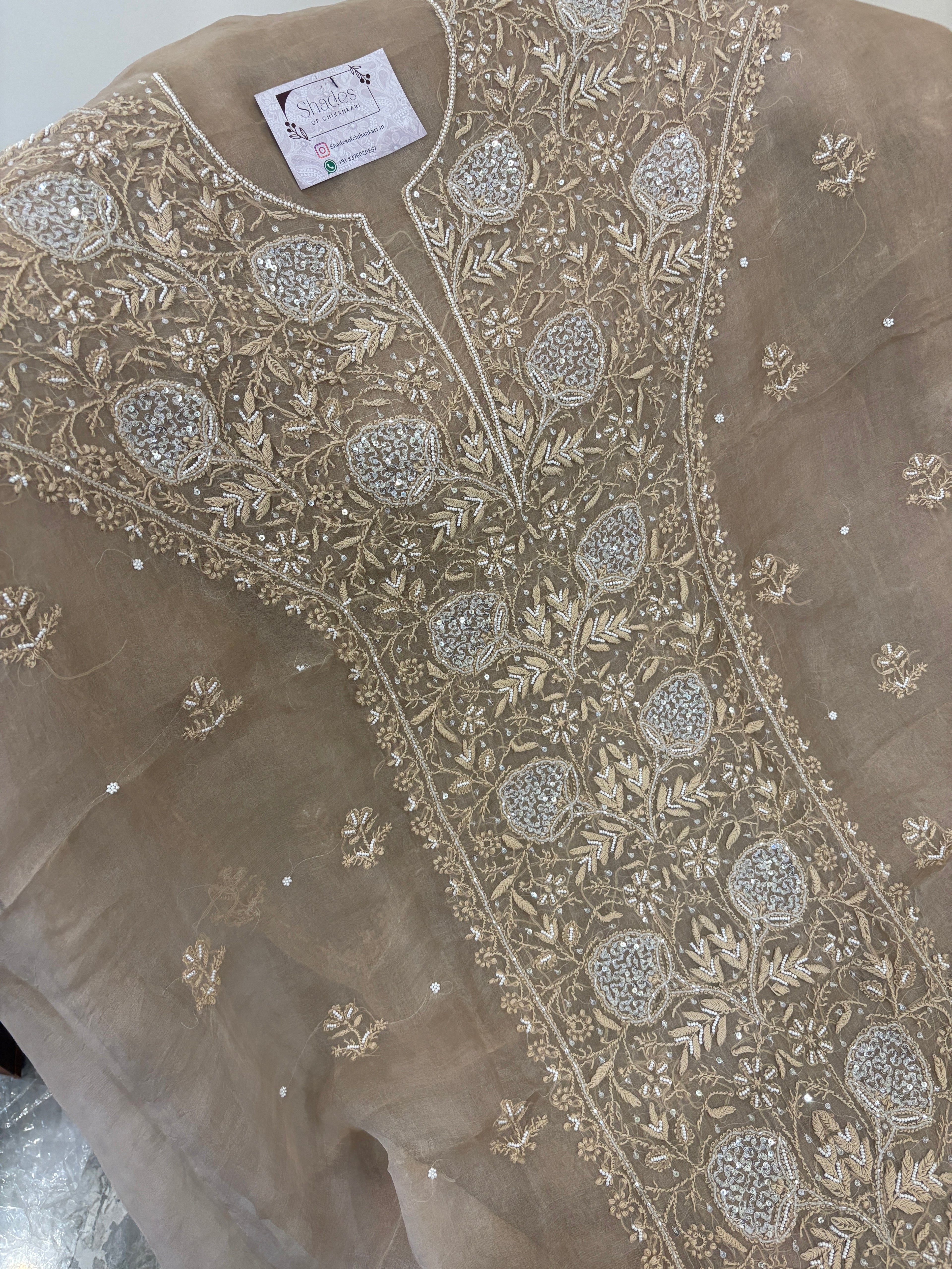 Pure Organza Unstitched Kurta Dupatta Set with Pearl Handwork