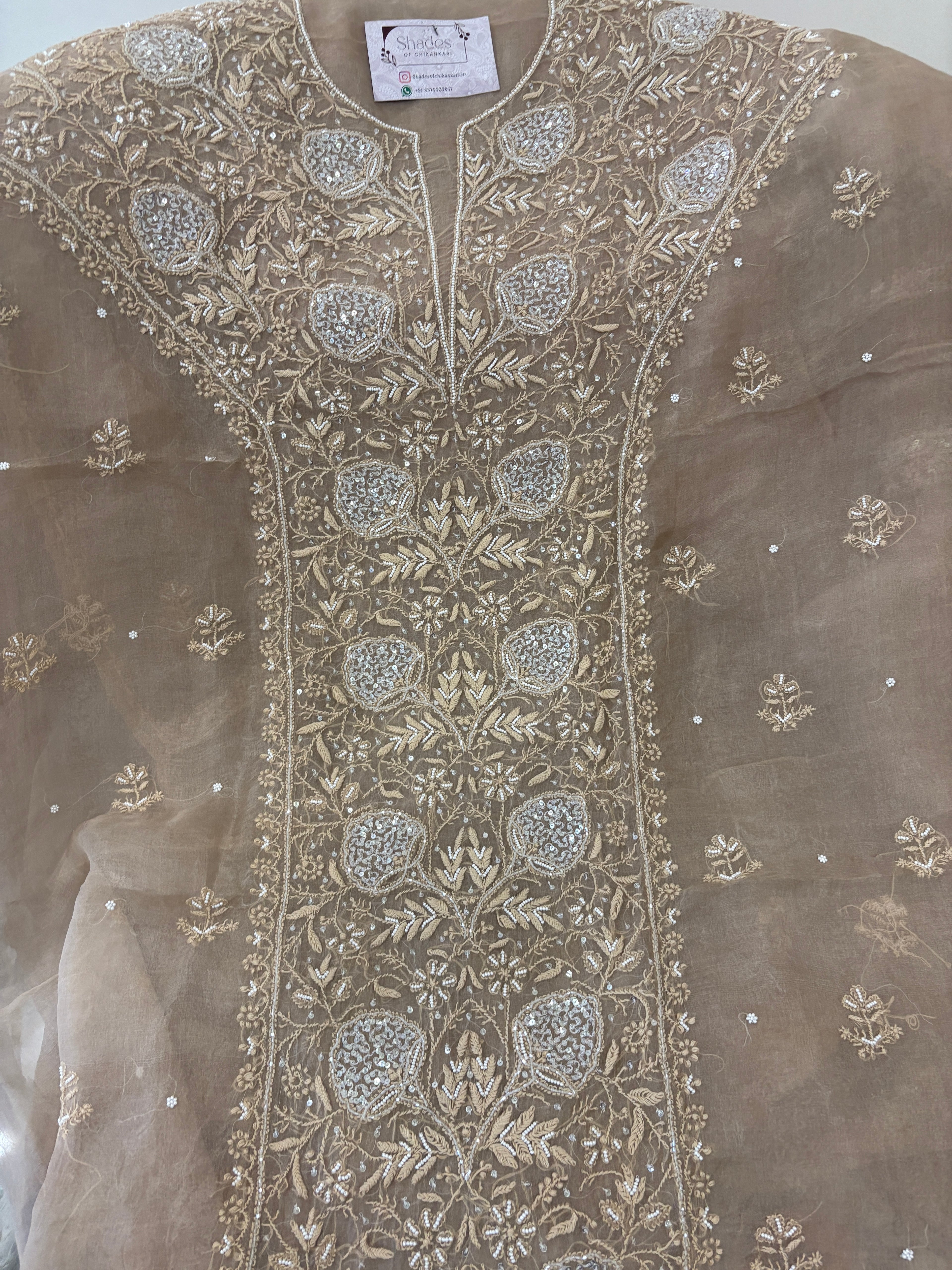 Pure Organza Unstitched Kurta Dupatta Set with Pearl Handwork