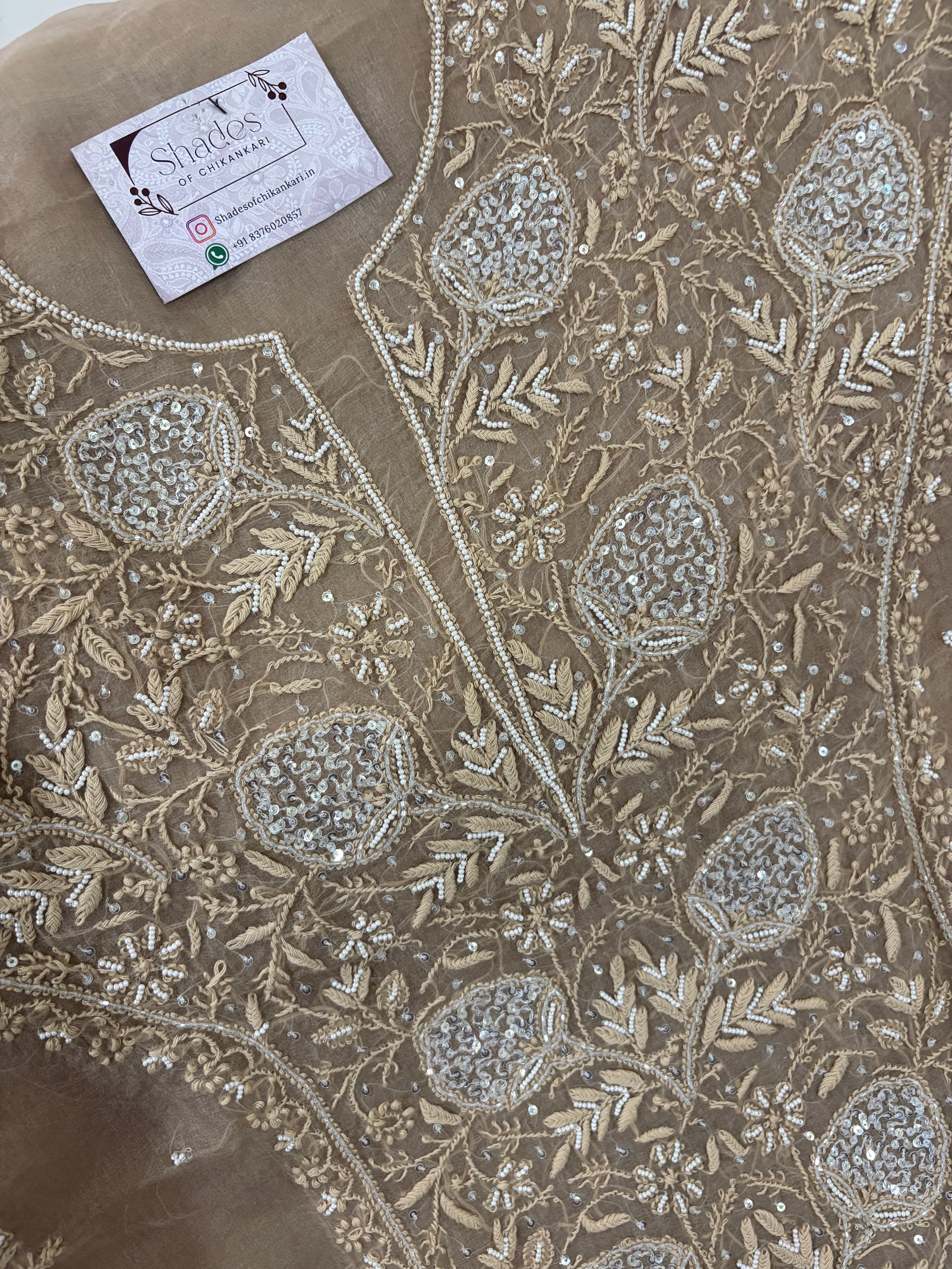 Pure Organza Unstitched Kurta Dupatta Set with Pearl Handwork