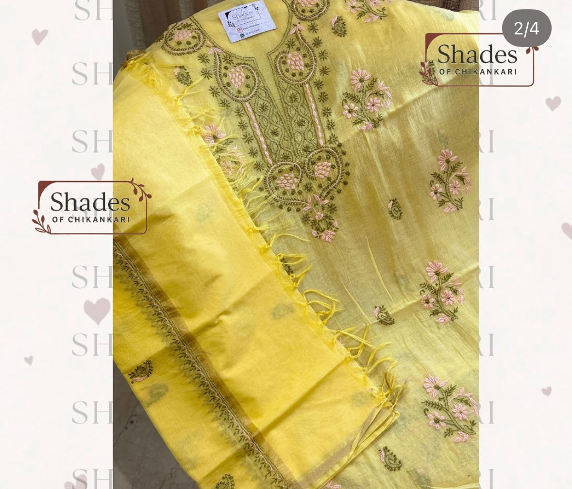 Mul Chanderi kurta dupatta set adorned with delicate hand Chikankari